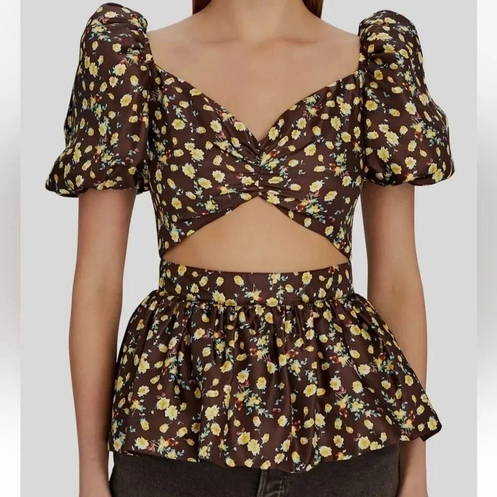 Autumn Adeigbo Bridgette Floral Cut-Out Preplum Blouse Size 10